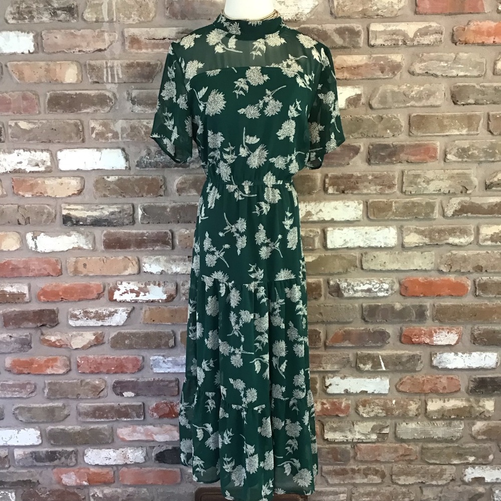 LULUS Women's Forest Green Ivory Floral Short Sleeve Tiered Midi Dress L - Picture 2 of 6